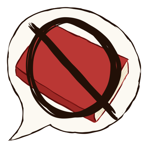 a speech bubble containing a red book, which is crossed out. 